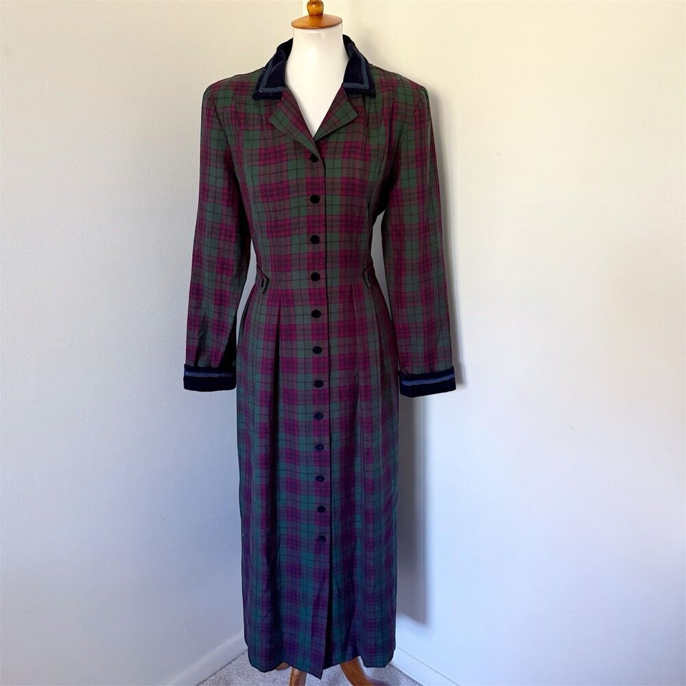 Vintage Tartan Plaid Equestrian English Country Prairie Dark Academia Dress 12